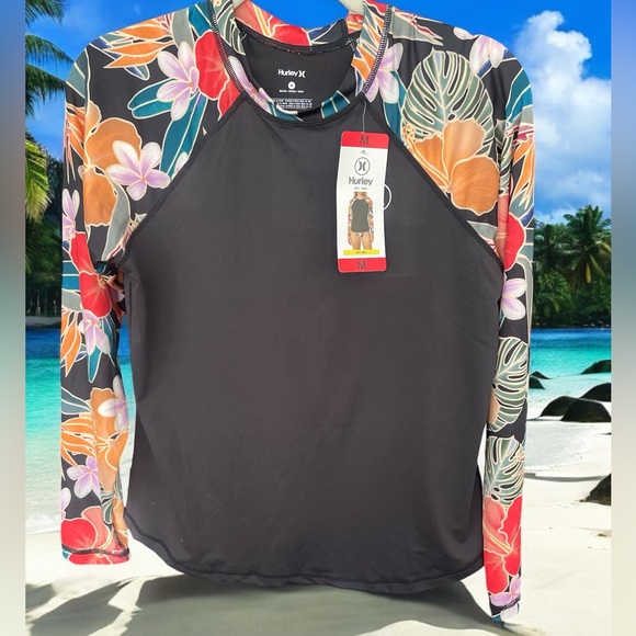 Hurley Tops - HURLEY Women’s Black Colorful Tropical Floral Surf Rash Guard. UPF 50+, NWT